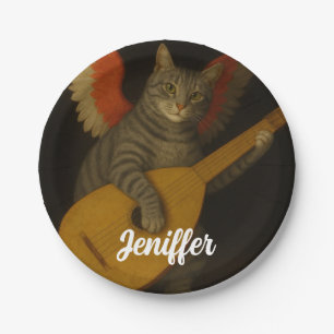 Winged Musician Cat Playing Lute Art               Paper Plate