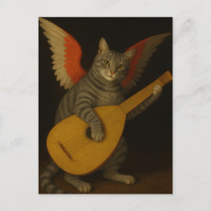Winged Musician Cat Playing Lute Art Postcard