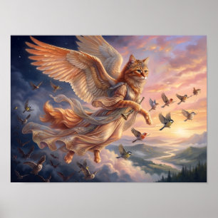 Winged Orange Tabby Cat   Funny Animal Art Poster