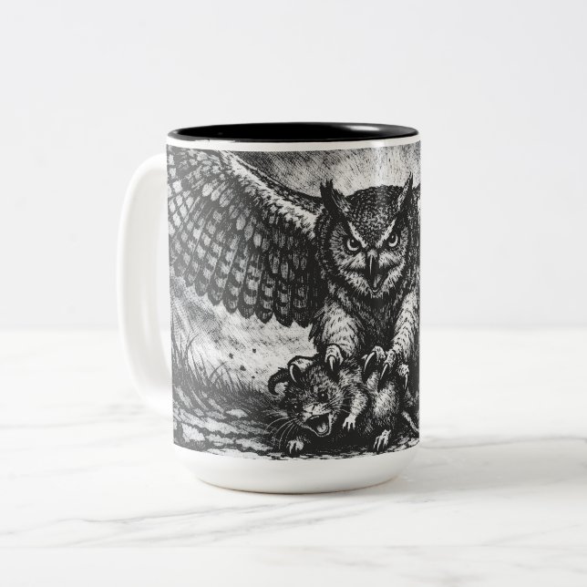 Winged Owl Sentinel by BurnsInHell Two-Tone Coffee Mug (Front Left)