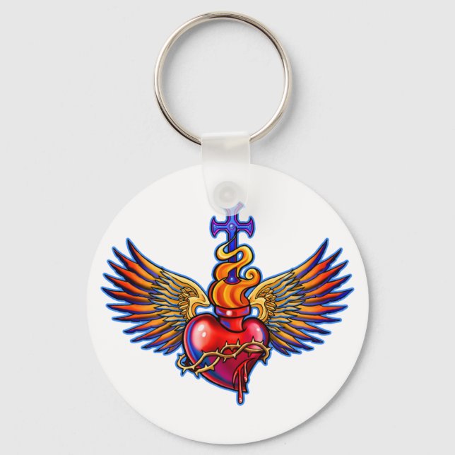 Winged Sacred Heart Design Key Ring (Front)