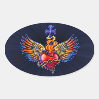 Winged Sacred Heart Design Oval Sticker