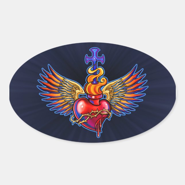 Winged Sacred Heart Design Oval Sticker (Front)
