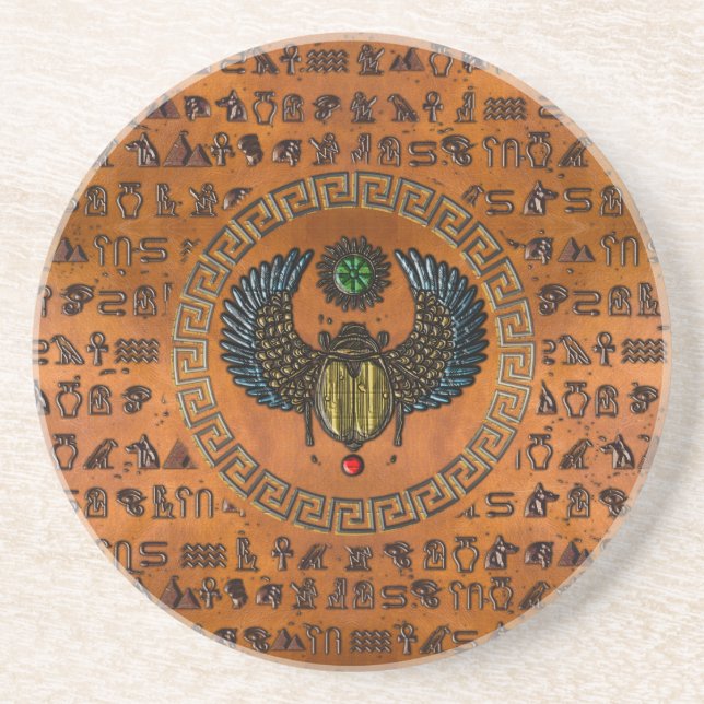 Winged Scarab /W Gems & Egyptian Hieroglyphics Coaster (Front)