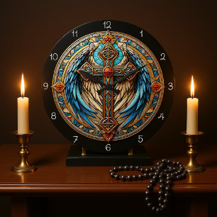 Winged Stained Glass Cross Large Clock