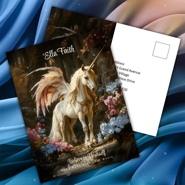 Winged Unicorn Fantasy Forest Encouraging Postcard (Creator Uploaded)