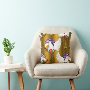 Winged Unicorn Gold Christmas Cushion