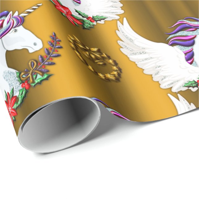 Winged Unicorn Gold Christmas Wrapping Paper (Roll Corner)