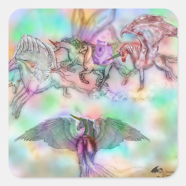 Winged Unicorn Pegasus Pegacorn Horse Rainbow Herd Square Sticker (Front)