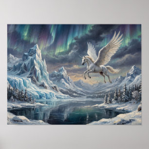 Winged White Horse Over Frozen Mountains Poster
