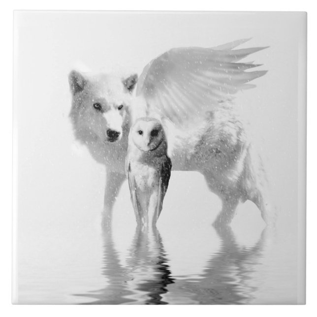 Winged Wolf and Owl Fantasy Art Ceramic Tile (Front)