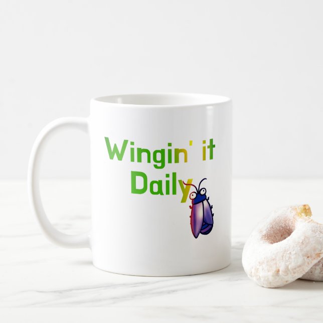 Wingin It Daily Funny Bug Humour Coffee Mug (With Donut)