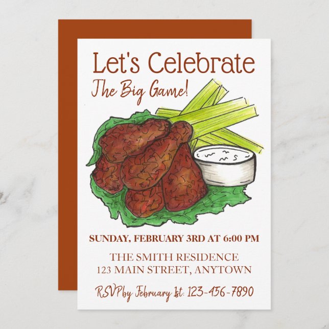 Wings Celebrate Big Game Football Tailgate Party Invitation (Front/Back)