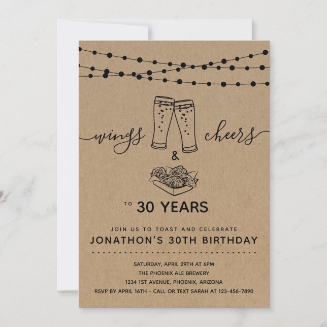 Wings & Cheers & Beers Birthday Party - Any Age Invitation (Front)