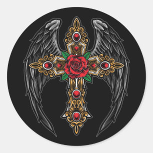 Wings Crucifix and Flowers Classic Round Sticker