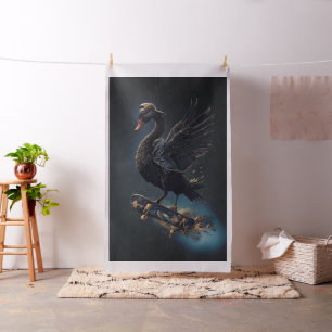Wings of freedom the black swan on the skateboard. fabric