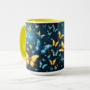 Wings of Joy: Blue and Yellow Flying Butterflies Mug