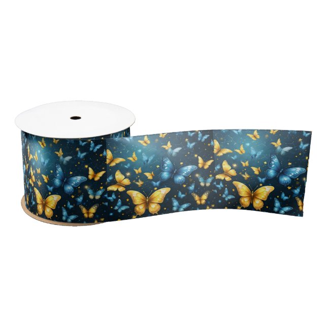 Wings of Joy: Blue and Yellow Flying Butterflies Satin Ribbon (Spool)