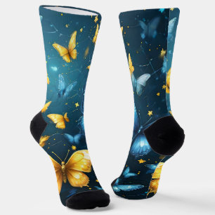 Wings of Joy: Blue and Yellow Flying Butterflies, Socks