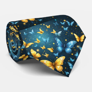 Wings of Joy: Blue and Yellow Flying Butterflies Tie