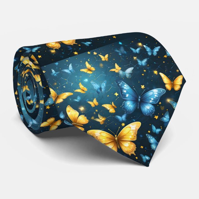 Wings of Joy: Blue and Yellow Flying Butterflies Tie (Rolled)