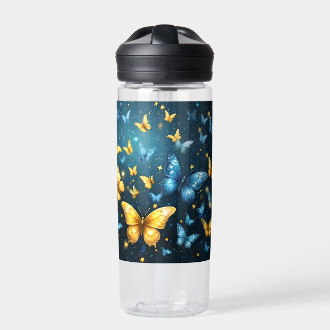 Wings of Joy: Blue and Yellow Flying Butterflies Water Bottle (Front)