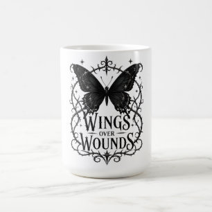 Wings Over Wounds – Gothic Black Butterfly Design Coffee Mug