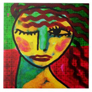 Wink Abstract Digital Portrait of a Woman Ceramic Tile
