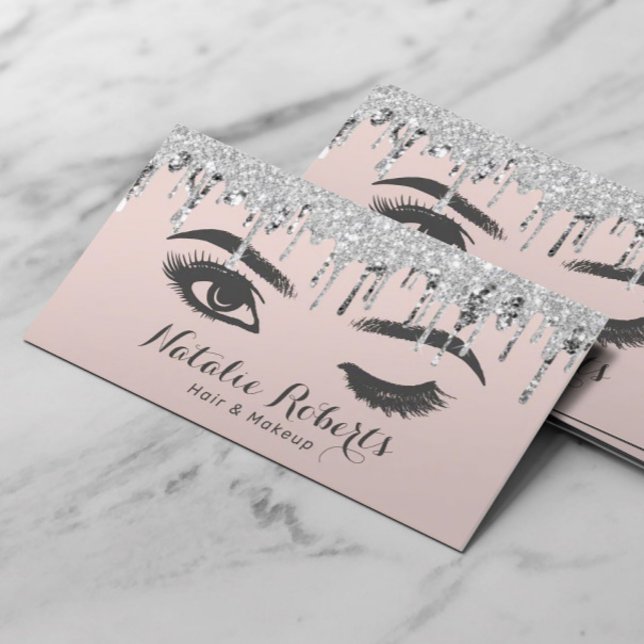 Wink Eye Lashes Makeup Artist Silver Drips Blush Business Card (Creator Uploaded)