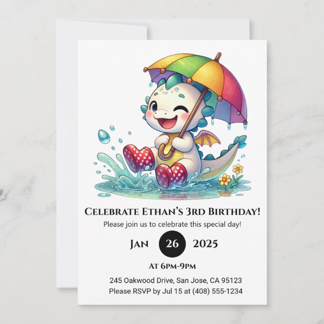 Winking Baby Dragon with Umbrella Birthday Invitation (Front)