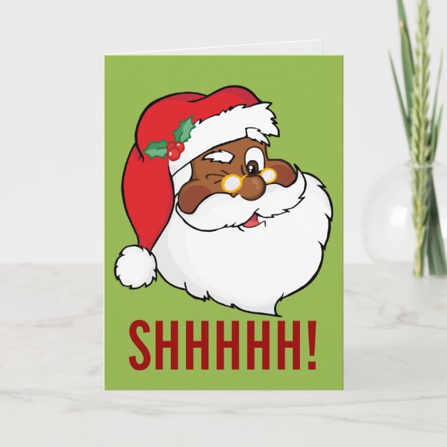 Winking Black Santa Keeping Christmas Secrets Holiday Card (Front)