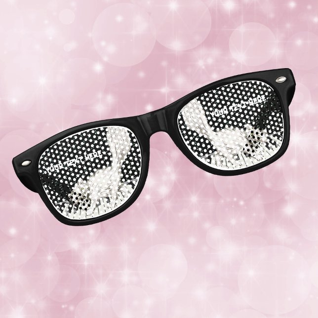 Winking Cat Fluffy Tail on Piano Music Notes Black Retro Sunglasses (White cat walking on piano keys on black background with music notes on retro party glasses.)