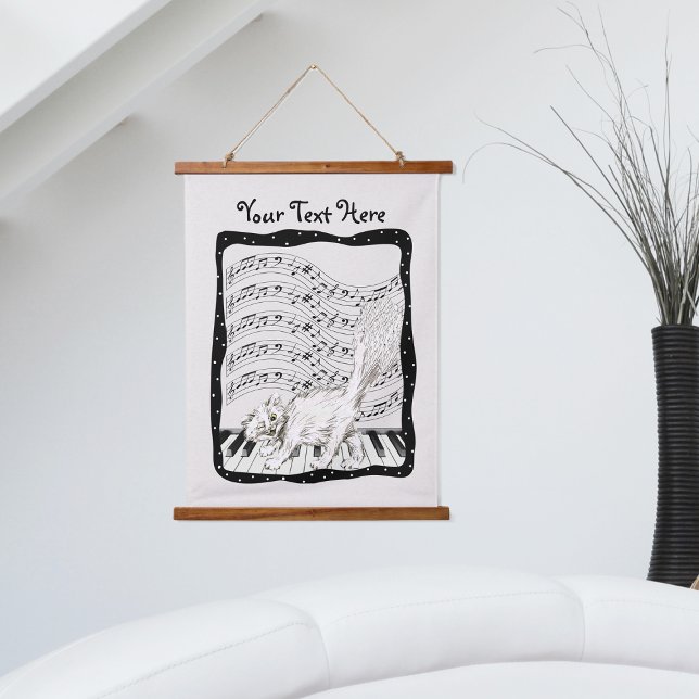 Winking Cat on Piano Keys Bars Music Notes Frame Hanging Tapestry (Winking white cat on piano keys bars music notes black frame on wall tapestry.)