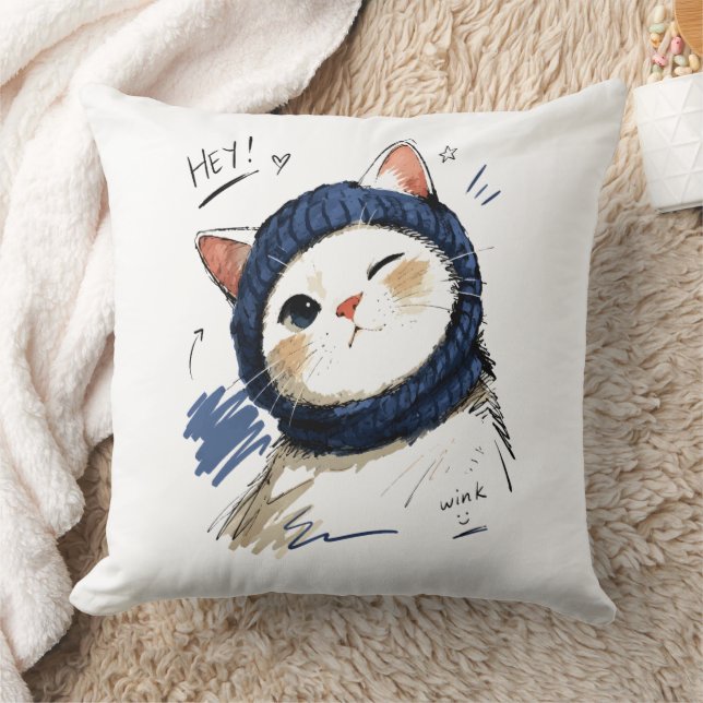 Winking Cat with Cosy Knit Scarf Cushion (Blanket)