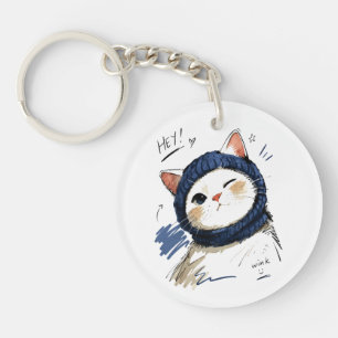 Winking Cat with Cosy Knit Scarf Key Ring