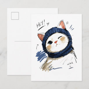 Winking Cat with Cosy Knit Scarf Postcard
