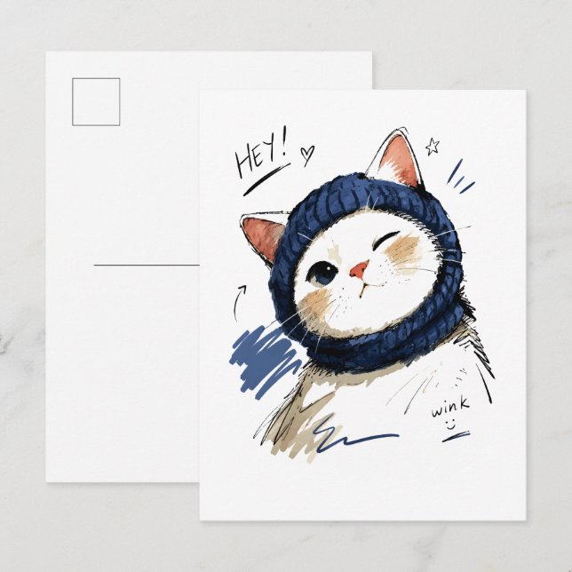 Winking Cat with Cosy Knit Scarf Postcard (Front/Back)