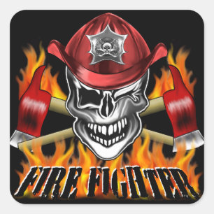 Winking Firefighter Skull and flaming Axes Square Sticker