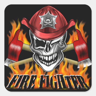 Winking Firefighter Skull and flaming Axes Square Sticker