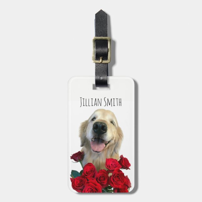 Winking Golden Retriever With Roses Personalised Luggage Tag (Front Vertical)