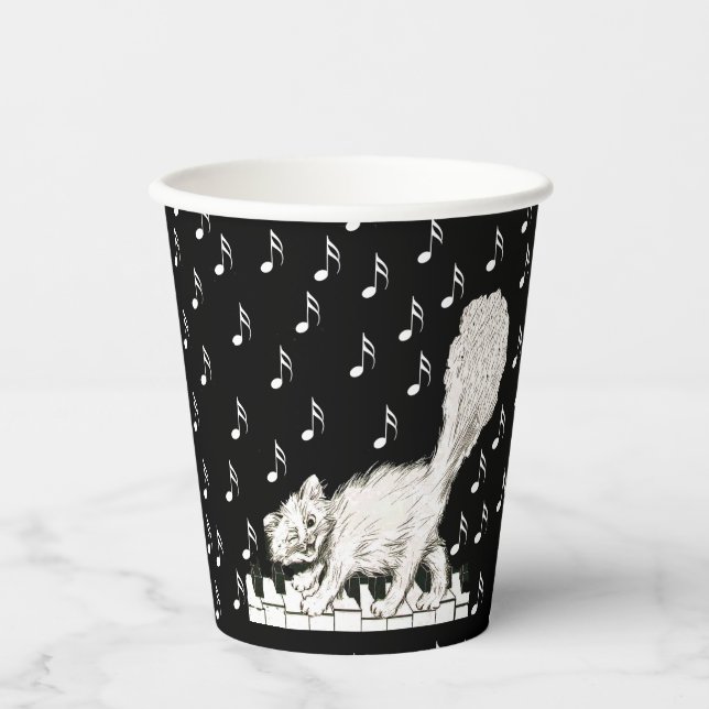 Winking Happy White Cat Walking on Piano Notes Paper Cups (Front)