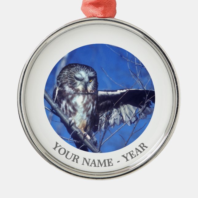 Winking owl metal tree decoration (Front)