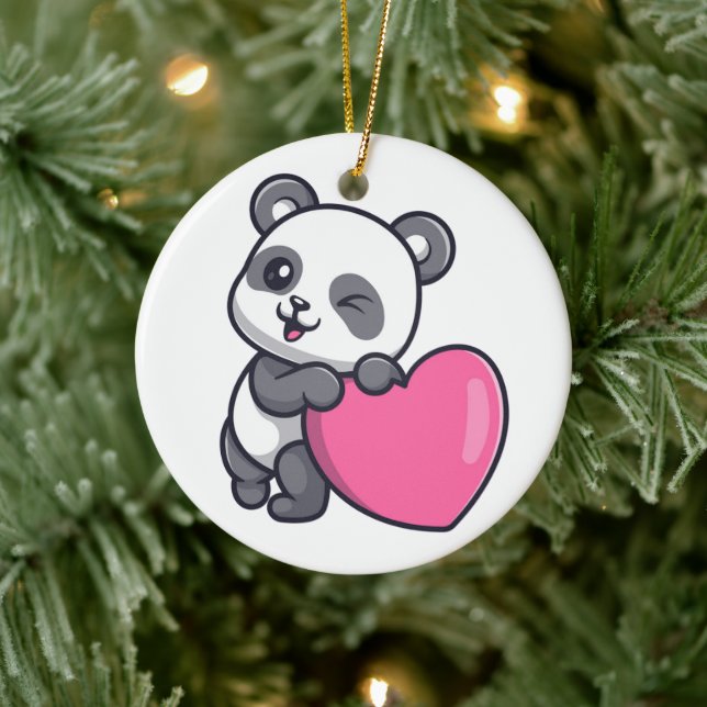 Winking Panda With Pink Heart Ceramic Ornament (Tree)