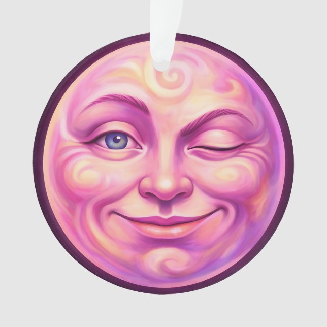Winking pink moon cheerful celestial ornament (Front)