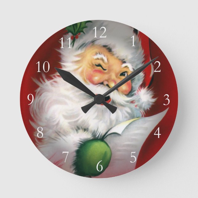 Winking Santa Christmas List Round Clock (Front)