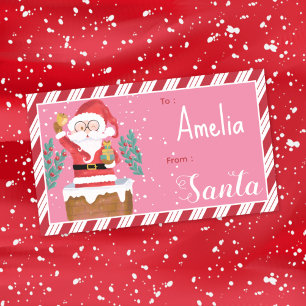Winking Santa Kid Christmas Pink Gift Tag Sticker