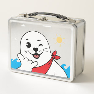 Winking Seal Wearing a Bandanna Throwing Shaka Sig Metal Lunch Box