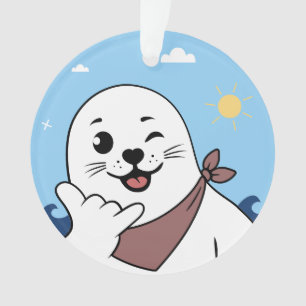 Winking Seal Wearing a Bandanna Throwing Shaka Sig Ornament