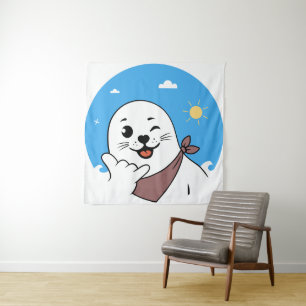 Winking Seal Wearing a Bandanna Throwing Shaka Sig Tapestry