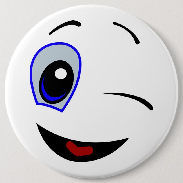 WINKING SMILEY FACE 6 CM ROUND BADGE (Front)